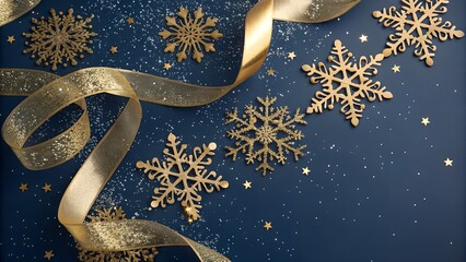 Golden snowflakes and ribbons on a dark blue background