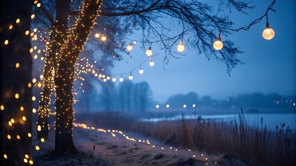 Golden Twinkles on a Blurry Blue Serenity Night Canvas Glowing Bulbs and Atmospheric Shimmer