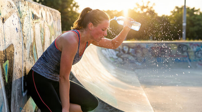 Heat stroke high temperature heatwave woman cools with water after outdoor workout