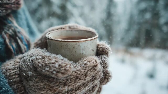 Cozy Moment with Hot Drink: A person's hands, snugly encased in knitted gloves, gently cradle a steaming cup of warmth against a blurred, snowy backdrop.