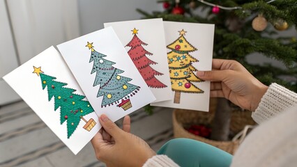 Hands holding four festive greeting cards featuring illustrated Christmas trees in various colors