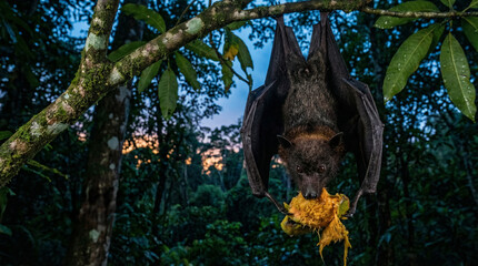 Fototapeta premium Bat rainforest fruit nipah virus hanging at dusk over lush jungle wildlife