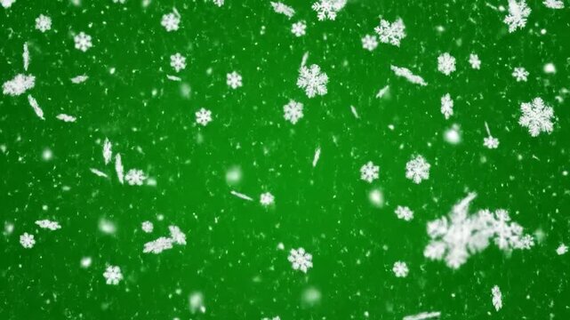 Falling white snowflakes on a vibrant green background create a wintery feel