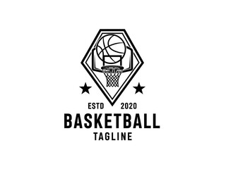Fototapeta premium Basketball Logo with Hoop, Hexagonal Frame, and ESTD 2020 Text