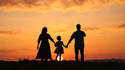 Fototapeta premium Family Silhouette at Sunset Holding Hands in Field