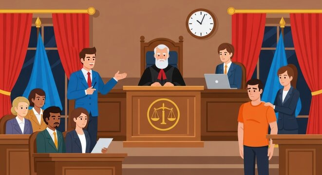 Courtroom trial with judge, lawyers, defendant, and jury