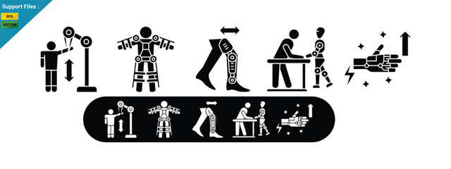 Fototapeta premium Rehabilitation robots icons illustrate assistive movement, physical assistance, and mobility restoration. Glyph icons set