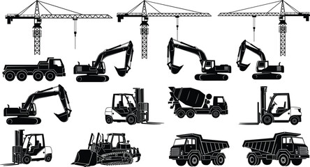 Black silhouette construction machinery set with tower cranes, excavators, forklifts, dump trucks, bulldozers and concrete mixers isolated on white background for industrial building site design © Aduri