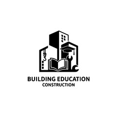 Vector illustration of building education and construction concepts: graduation cap, open book, wrench, and crane symbolizing learning and industry.