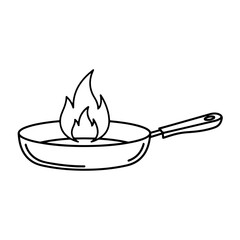 Vector illustration of a frying pan on fire, symbolizing cooking, heat, and danger. simple line art design suitable for various culinary and safety-related concepts.