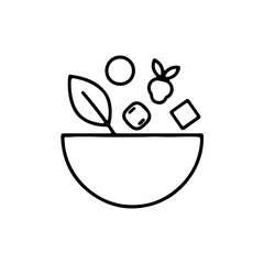 Simple line art vector illustration of a salad bowl with fresh ingredients like a leaf, radish, and ice cubes, representing healthy eating and food preparation.