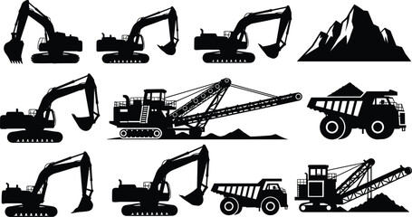 Black silhouette construction vehicles icons set featuring excavator bulldozer concrete mixer truck crane dump truck mining equipment and heavy machinery for civil engineering building projects © Aduri