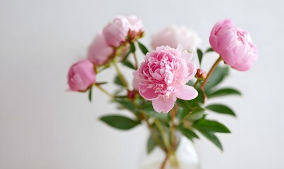 small bouquet of peony, longer stems, zoomed out, minimal composition, white background