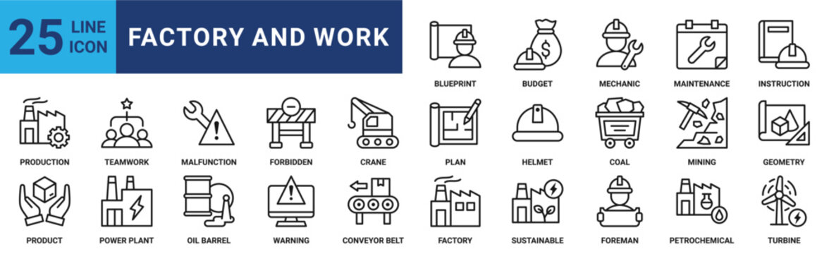 Factory and work icon set. Containing maintenance, blueprint, budget, machinery, safety, warning, crane and more. Outline vector icons collection