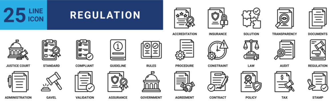 Regulation icon set. Containing standard, compliant, guideline, rules, procedure, constraint, law and more. Outline vector icons collection
