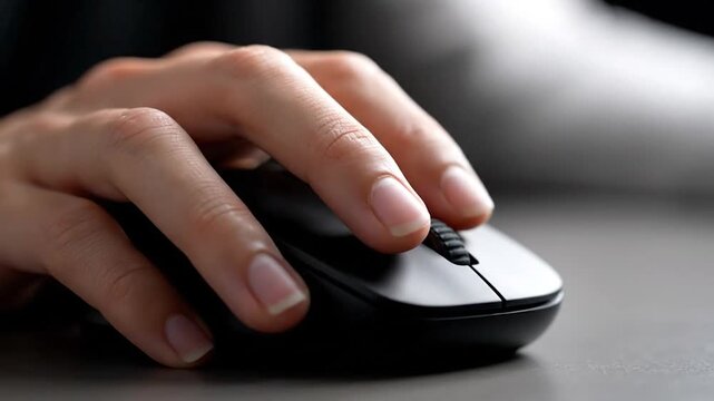Hand rests on a sleek, black computer mouse