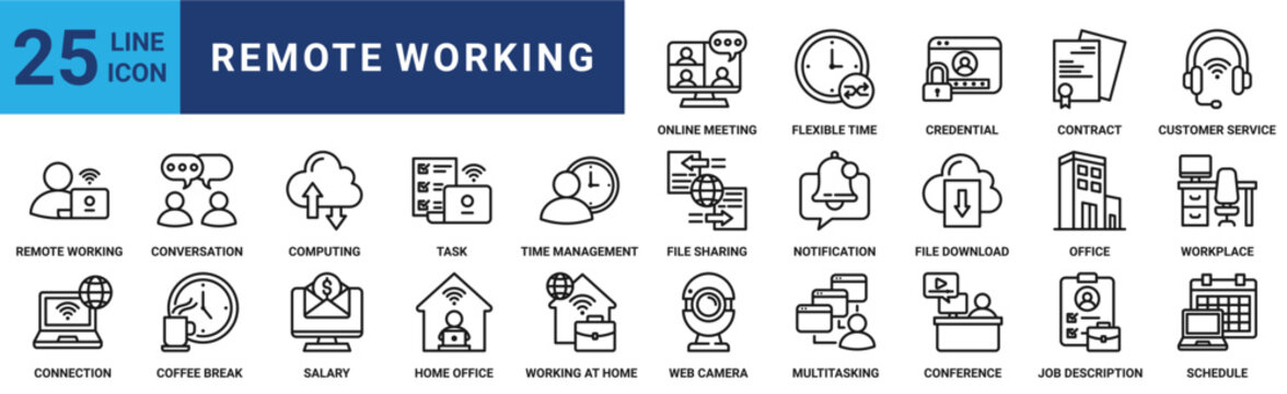 Remote working icon set. Containing computing, task, time management, file sharing, notification, file download, office and more. Outline vector icons collection