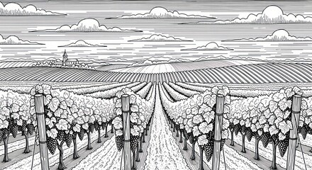 Obraz premium Detailed vineyard landscape drawing with rows of grapevines and distant church