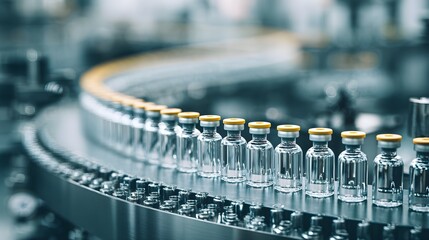 Long Row Of Sealed Blue Vials Moving On Factory Distribution Line 