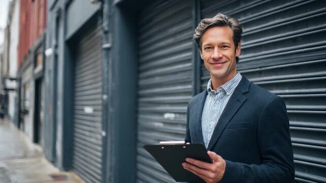 Confident Professional: A charismatic man, clad in a sleek suit, stands proudly, holding a clipboard in front of a backdrop of a closed storefront, a testament to ambition and professional assurance.