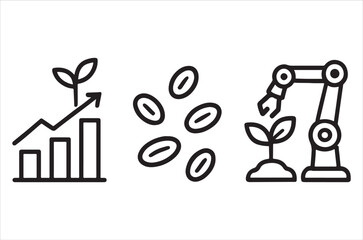Obraz premium Illustrative icons depict growth investment and automation with a robotic arm tending a plant