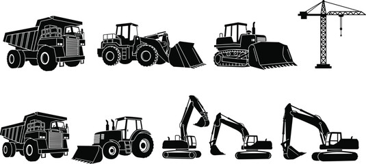 Heavy construction machinery silhouettes set, dump truck bulldozer crane excavator icons, industrial equipment vector collection for building engineering site design isolated on white background. © Aduri