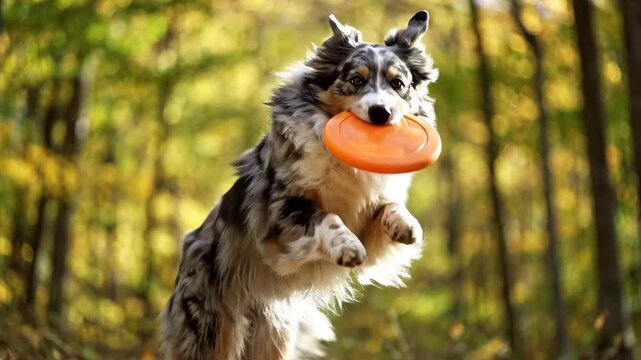Dog jumping with frisbee in forest