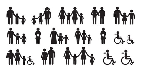 Family groups including parents children elderly and disabled in wheelchairs symbolizing inclusion