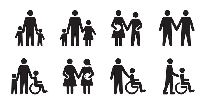 Family diversity icons with single parents disabled children same sex couples and pregnancy