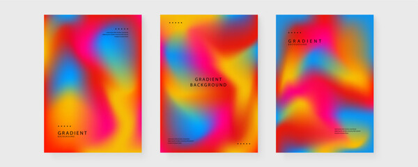 A collection of three vibrant gradient posters featuring organic fluid shapes in warm red orange and blue tones perfect for contemporary branding and digital backgrounds