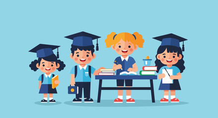 Obraz premium Cheerful young students embark on an exciting educational journey, fostering knowledge and a bright future with diverse learning experiences and academic achievements