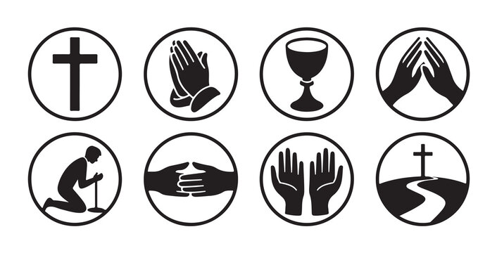 Christian cross, praying hands, chalice, and religious worship vector outline icons in circles