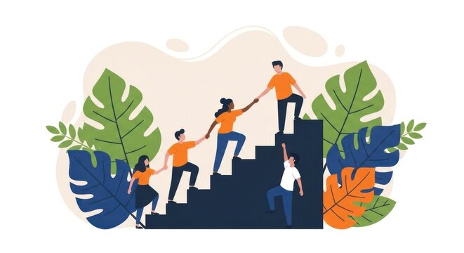 Diverse team helping each other climb stairs illustrating teamwork.