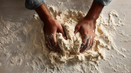 Baker hands kneading fresh dough with flour on a wooden table
