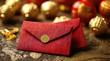 Elegant red envelopes with gold accents on rustic surface, symbolizing prosperity and good fortune in celebrations