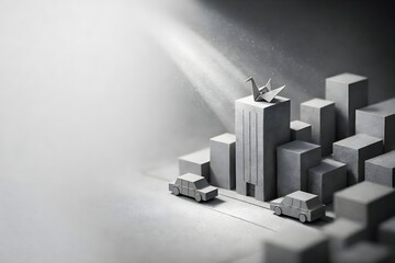 Minimalism and hope converge in this grayscale miniature city scene featuring an origami crane on the tallest building.