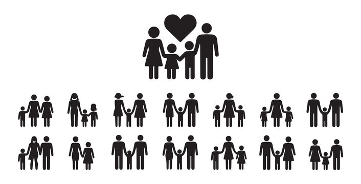 Family and parents with children vector icon set, different types of family relationships