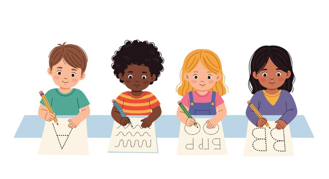 Cute diverse children learning to draw and write letters on paper with pencils