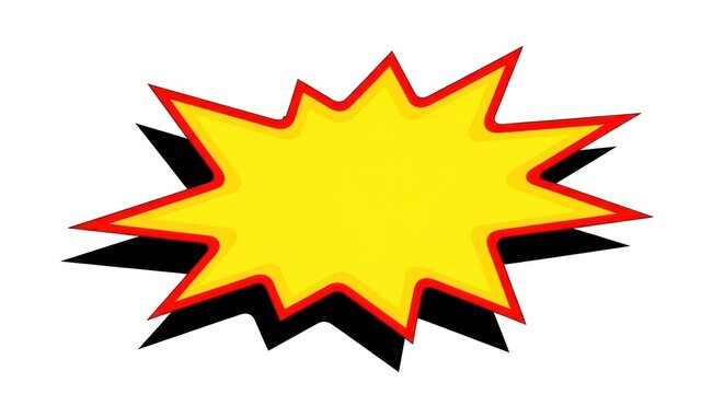 Dynamic yellow starburst graphic with red border on white