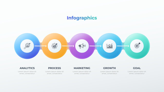 Modern business process infographic illustrating 3 stage strategic. Features vibrant gradient circles, connecting arrows, and clear icons.