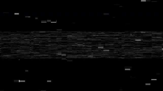 Digital glitch noise animation with pixel artifacts on black background for overlay. Minimalist glitch static animation with with horizontal interference lines for technology and futuristic. 4K Video