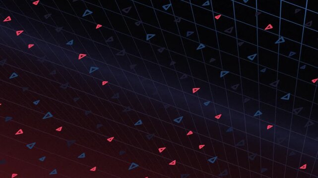 Abstract digital grid with a dark blue to black gradient diagonal lines and red triangles. edge glow