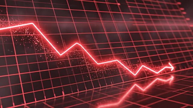 Declining stock market value displayed as a glowing red line on graph