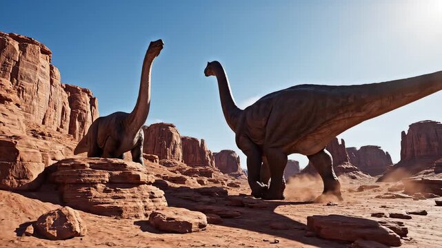 Dinosaurs in a desert landscape
