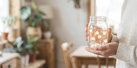 Hand jar love emotion thank with gratitude bokeh light charity care holiday concept nubes valentine gift scene with warm heart shape fairy light glass jar held gently indoor showing kindness