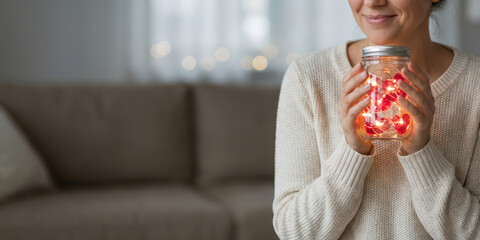 Hand jar love emotion thank with gratitude bokeh light charity care holiday concept nubes valentine gift glow in gentle home interior