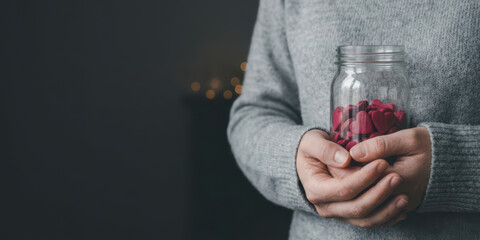 Hand jar love emotion thank with gratitude bokeh light charity care holiday concept valentine gift nubes