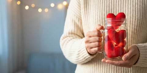 Hand jar love emotion thank with gratitude bokeh light charity care holiday concept valentine gift nubes feeling cute heart present tender glow support