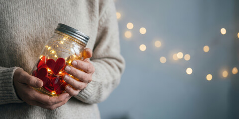 Hand jar love emotion thank with gratitude bokeh light charity care holiday concept nubes valentine gift glow warm heart hold support kindness hope