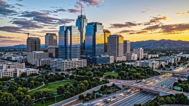 City skyline with skyscrapers and highway
